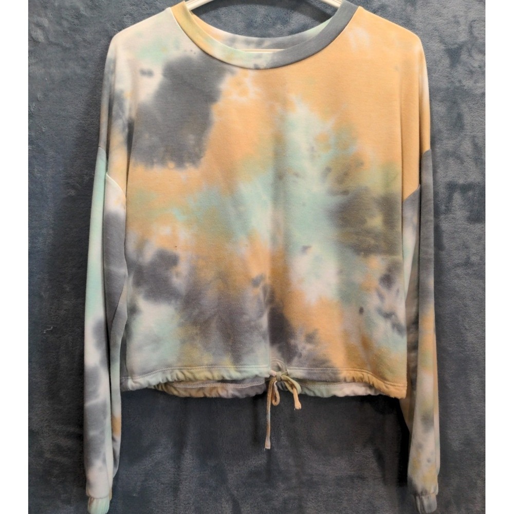 Hooked Up Women Tie Dye Drawstring Hem Sweatshirt Yellow Blue Gray M J8408P31